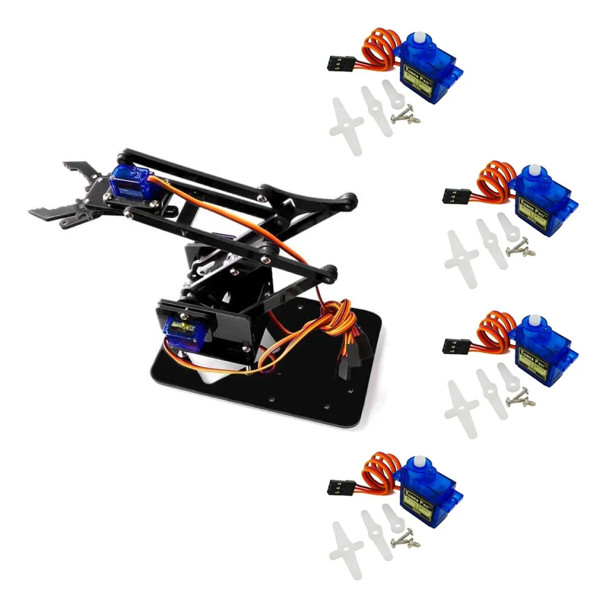 Kit Brazo Robótico Chasis Acrílico negro con 4 Servos SG90 para estudiantes y aficionados