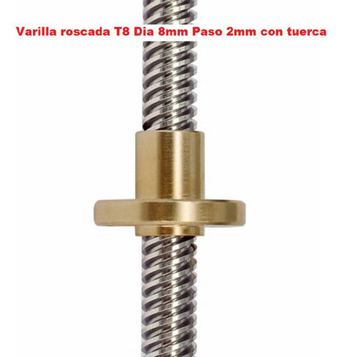 Varilla Roscada T8 Dia 8mm Paso 2mm Largo 330mm con Tuerca