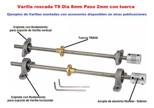 Varilla Roscada T8 Dia 8mm Paso 2mm Largo 330mm con Tuerca